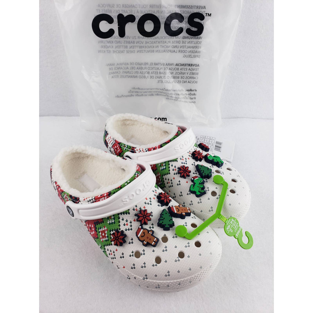 Crocs Christmas Classic Lined Holiday Charm Clog Women's 9 Men's 7 White Fuzzy